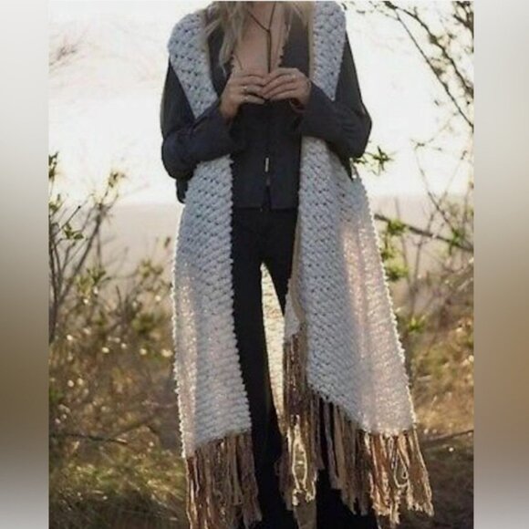 Free People Madeline Long Fringe Vest Boho Cardigan Sweater Womens M Cream Tan - Picture 2 of 9